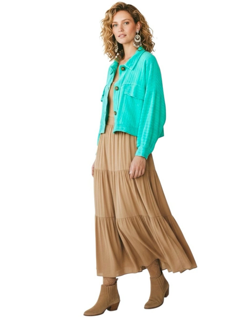 Bucket List Cropped Boho Cardigan Turquoise Big/Buttoms Patch Pockets Made/USA L